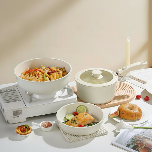 Kochgeschirr Set 17-teilig Granit Antihaft Abnehmbare Griffe Aluminium Induktion Creme