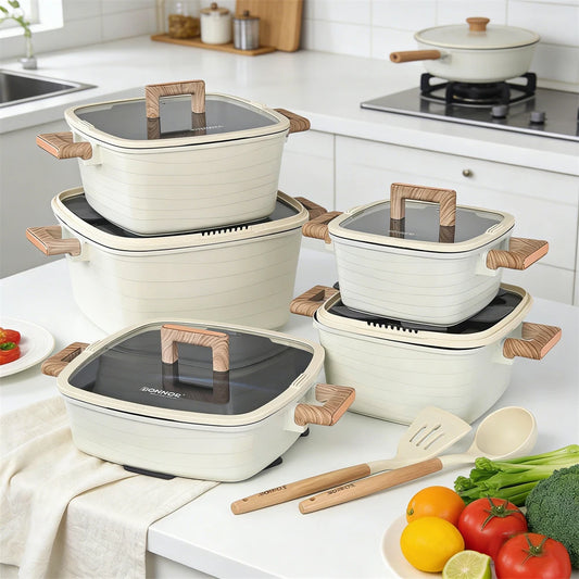 Kochtopf Set 15-teilig Quadratisch Antihaft Glasdeckel Holzgriff Induktionsgeeignet Creme