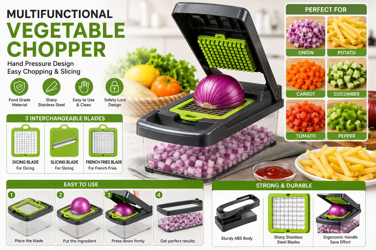 Multifunctional Vegetable Chopper French Fries Cutter Hand Pressure Onion Dicer Potato Slicer Kitchen Tool for Home Use