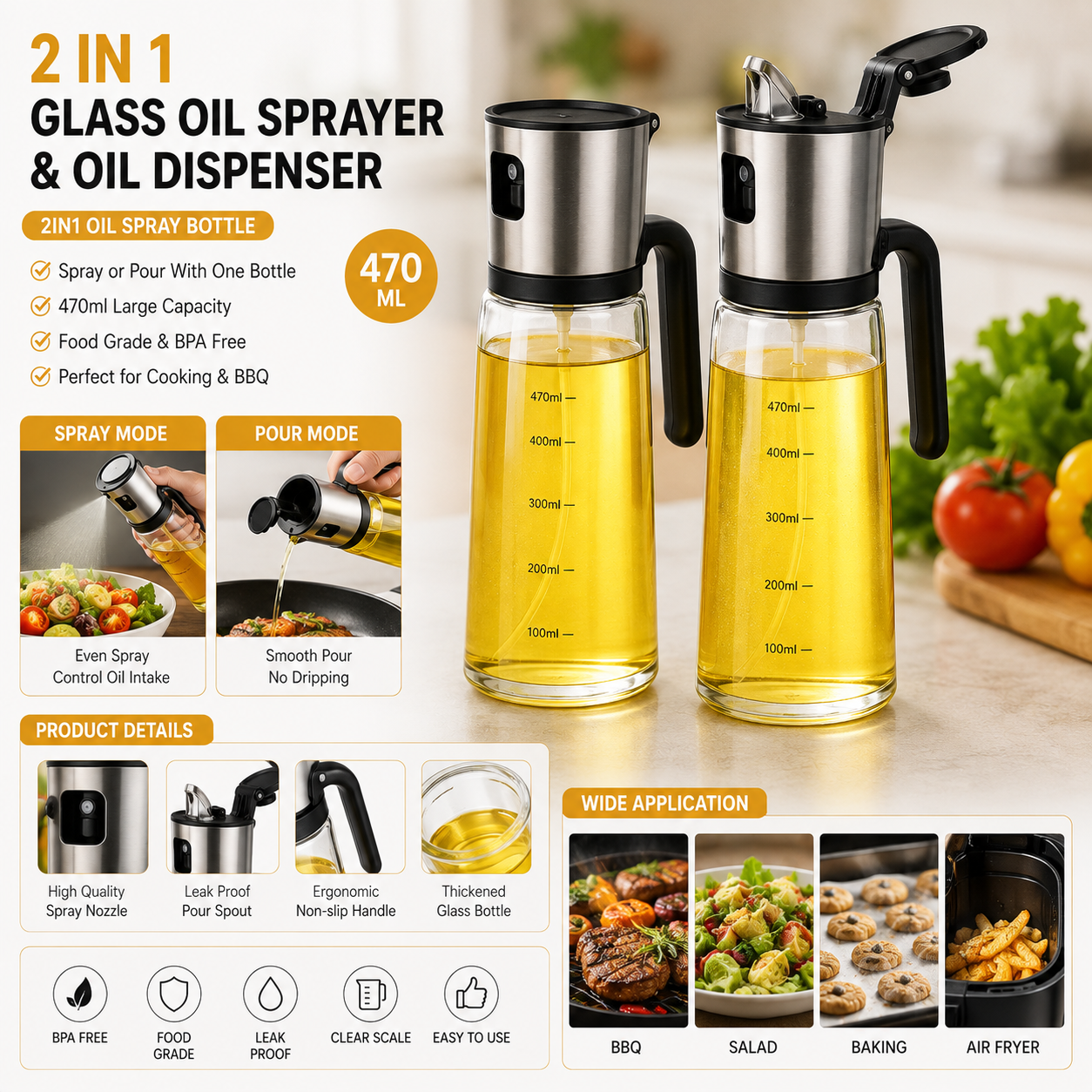 2in1 470ml Glass Oil Sprayer Oil Spray Bottle Oil Tank BBQ Kitchen Baking BBQ Picnic Kitchen Tools for Businesses 1 sold byXY--Shop1105360812 S... (4.1 | 900+