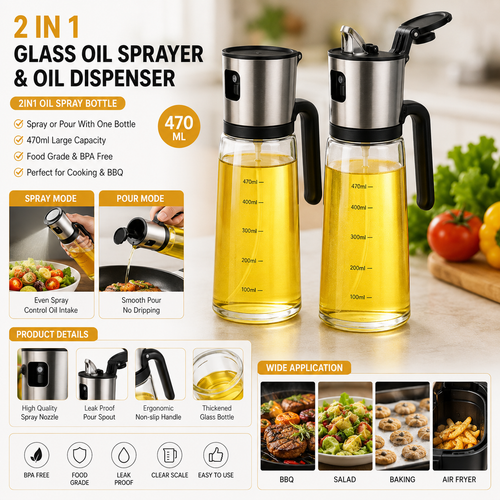 2in1 470ml Glass Oil Sprayer Oil Spray Bottle Oil Tank BBQ Kitchen Baking BBQ Picnic Kitchen Tools for Businesses 1 sold byXY--Shop1105360812 S... (4.1 | 900+