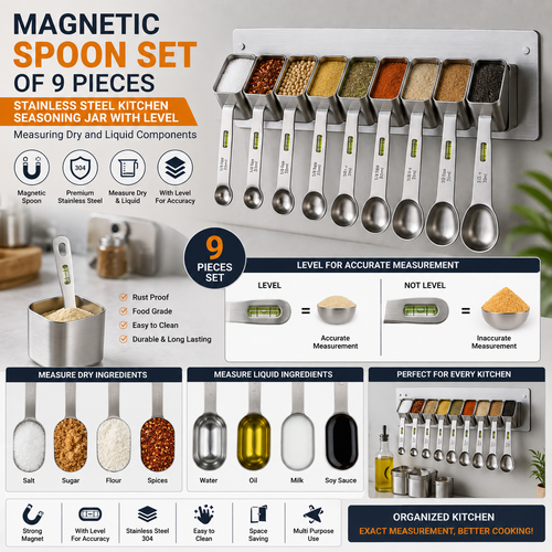 Magnetic spoon set of 9 pieces, stainless steel kitchen seasoning jar, teaspoon, with level, measuring dry and liquid components