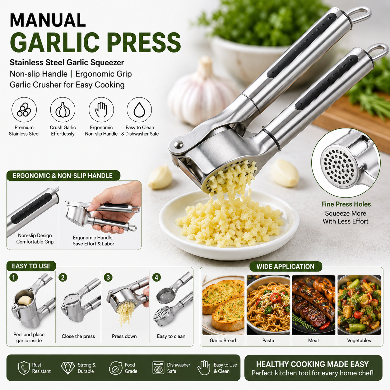 Manual Garlic Press Stainless Steel Handheld Garlic Squeezer Non-slip Handle Ergonomic Grip Garlic Crusher Cooking