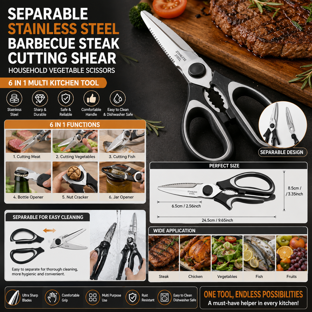 Separable Stainless Steel Barbecue Steak Cutting Shear Household Vegetable Scissors 6 in 1 Multi Kitchen Tool Fruit Knife