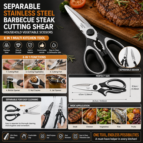 Separable Stainless Steel Barbecue Steak Cutting Shear Household Vegetable Scissors 6 in 1 Multi Kitchen Tool Fruit Knife
