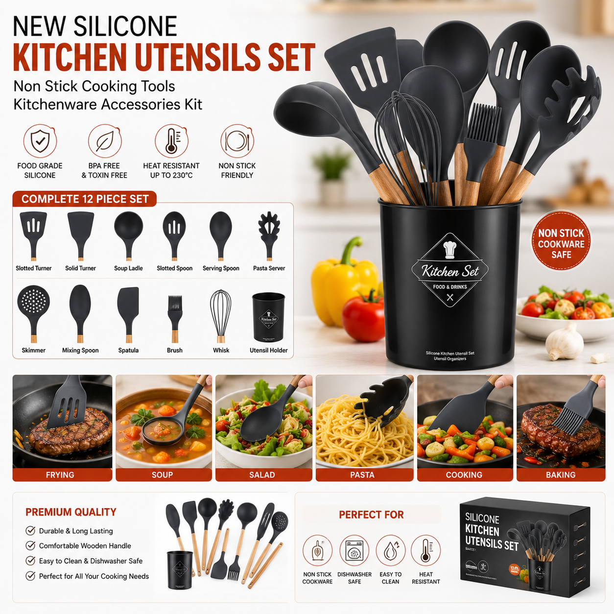 New Silicone Kitchen Utensils Set Non Stick Cooking Tools Spatula Soup Spoon Kitchenware Accessories Kit