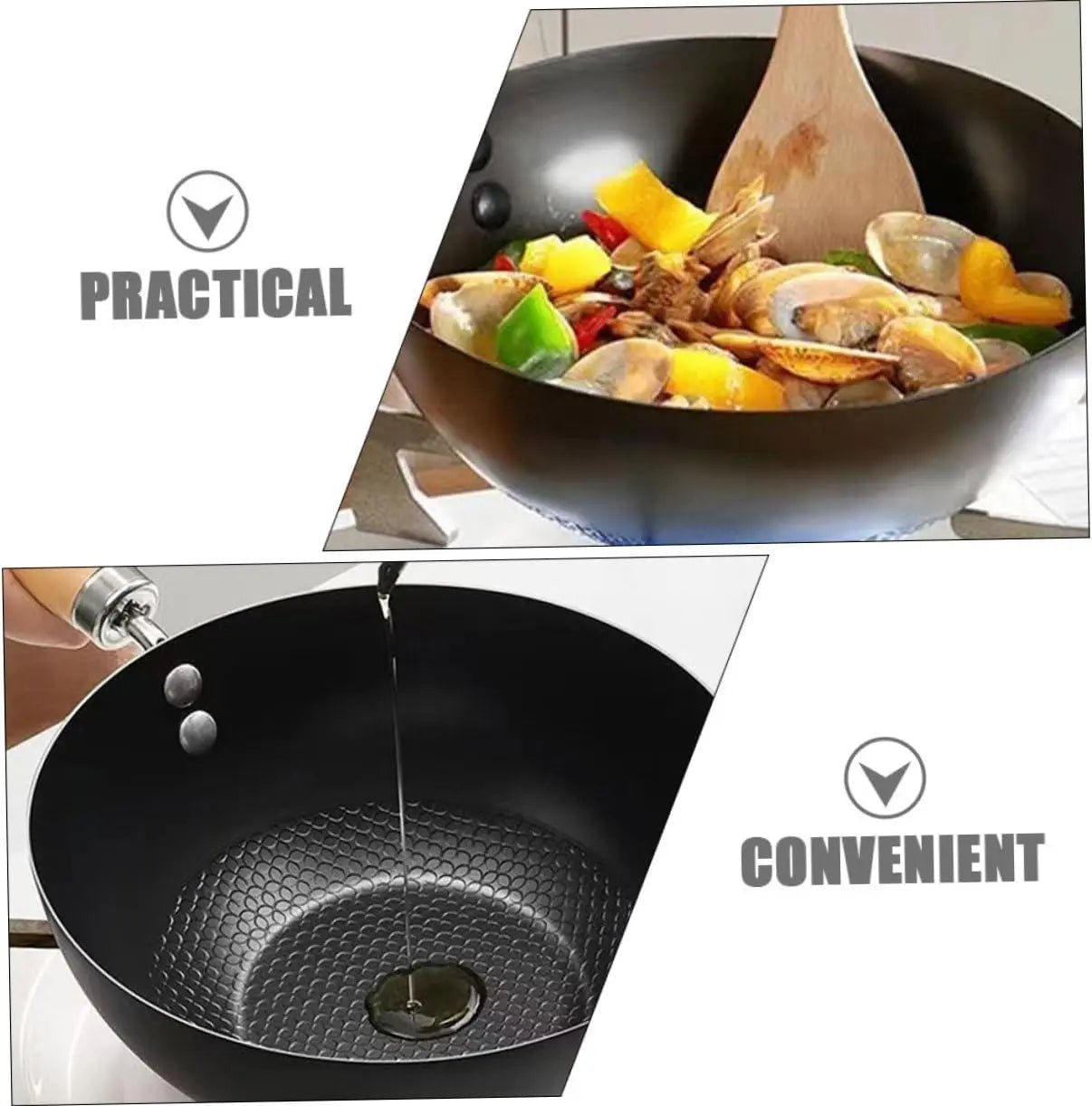 Wok Eisen 20cm Unbeschichtet Flachboden Holzgriff Induktionsgeeignet Schwarz