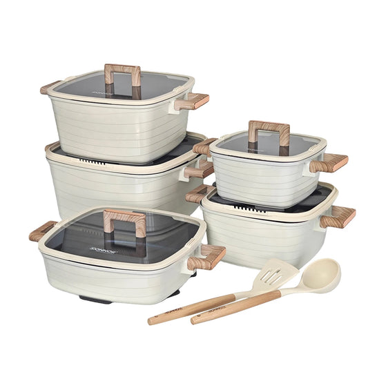 Kochtopf Set 15-teilig Quadratisch Antihaft Glasdeckel Holzgriff Induktionsgeeignet Creme