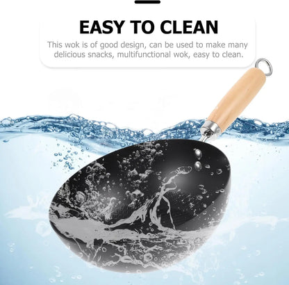 Wok Eisen 20cm Unbeschichtet Flachboden Holzgriff Induktionsgeeignet Schwarz