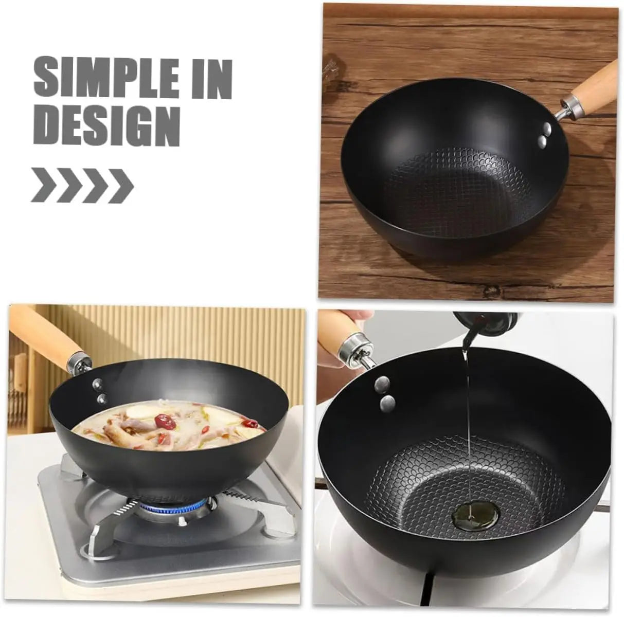 Wok Eisen 20cm Unbeschichtet Flachboden Holzgriff Induktionsgeeignet Schwarz