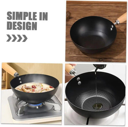 Wok Eisen 20cm Unbeschichtet Flachboden Holzgriff Induktionsgeeignet Schwarz