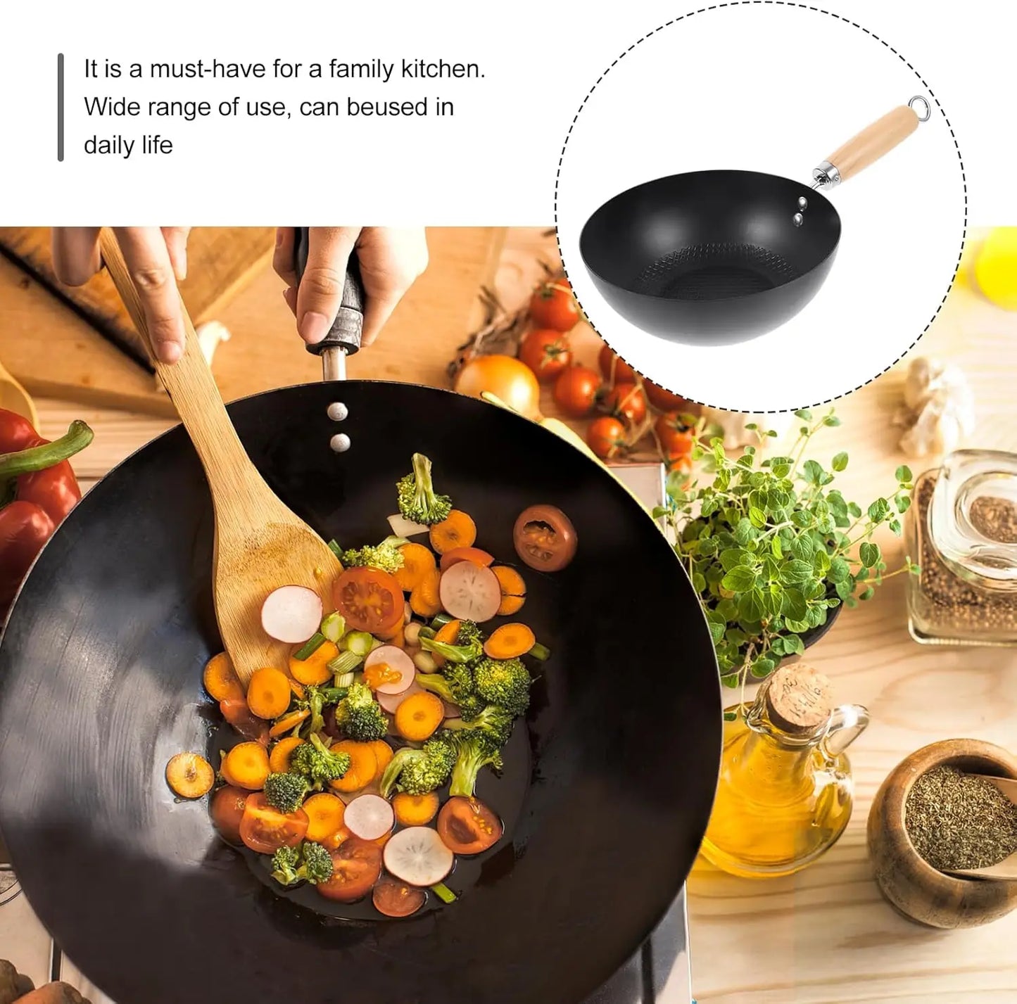 Wok Eisen 20cm Unbeschichtet Flachboden Holzgriff Induktionsgeeignet Schwarz