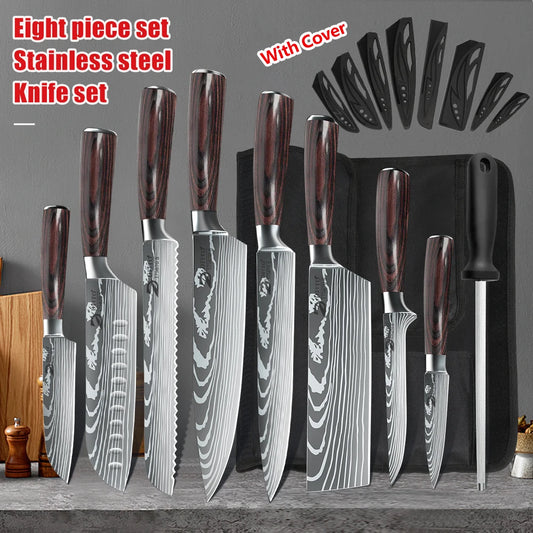 Messerset 9-teilig Edelstahl 7Cr17MoV Santoku Kochmesser Ausbeinmesser Wetzstahl Nylontasche