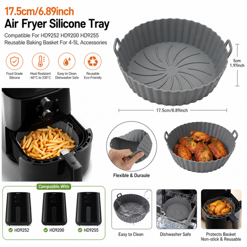 17.5cm/6.89inch Air Fryer Silicone Tray ，Compatible For HD9252 HD9200 HD9255 Reusable Baking Basket For 4-5L Accessories