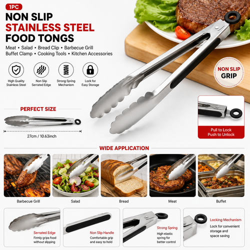 1pc Non Slip Stainless Steel Food Tongs Meat Salad Bread Clip Barbecue Grill Buffet Clamp Cooking Tools Kitchen Accessories