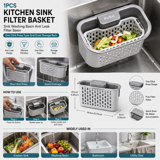 1pcsKitchen sink filter basket, sink washing basin anti leak filter basin, one click press type grid drain storage rack