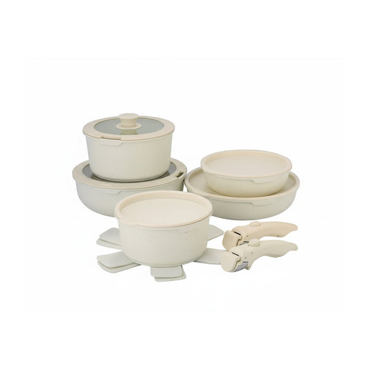 Kochgeschirr Set 17-teilig Granit Antihaft Abnehmbare Griffe Aluminium Induktion Creme