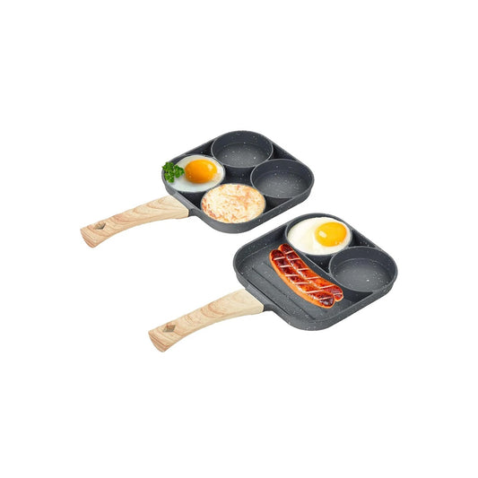 Eier Bratpfanne 4-fach Granit Antihaft Pfannkuchen Frühstückspfanne Holzgriff Grau