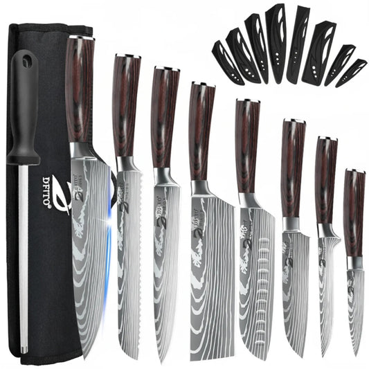 Messerset 9-teilig Edelstahl 7Cr17MoV Santoku Kochmesser Ausbeinmesser Wetzstahl Nylontasche