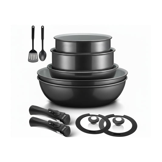Kochgeschirr Set 13-teilig Keramik Antihaft Abnehmbare Griffe Induktion Schwarz
